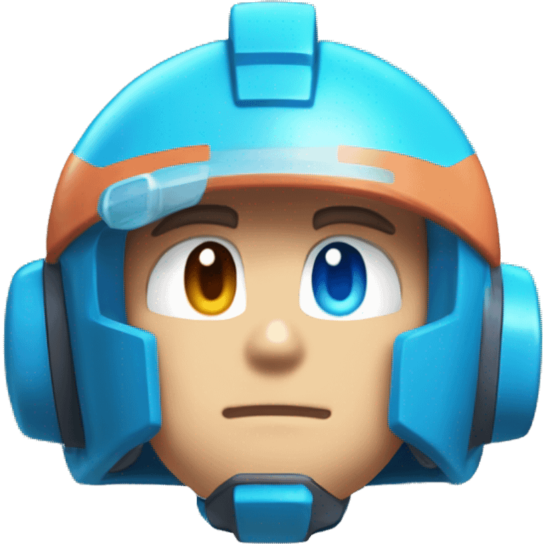 Mega Man with Blue eyes, peach skin on his face, Blue Helmet with a Cyan Stripe, Cyan ears, Cyan Body. emoji