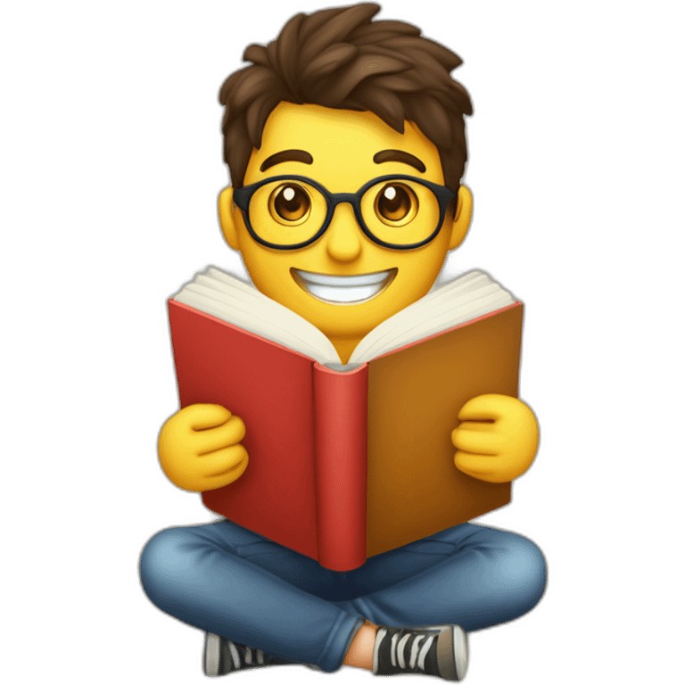 joven estudiante atiborrado de libros, sonriente y muy feliz con un libro en sus manos y en su cabeza emoji