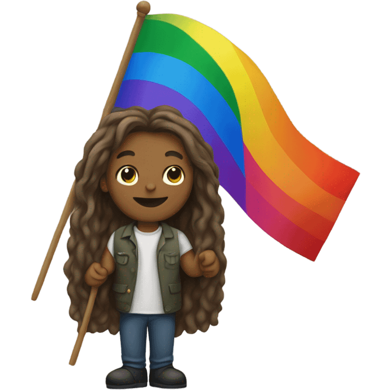 man with long hair holding rainbow flag emoji