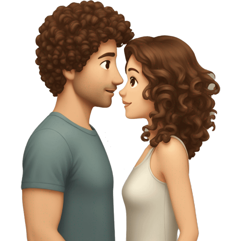 Girl with long brown wavy hair kissing guy with short brown curly hair  emoji