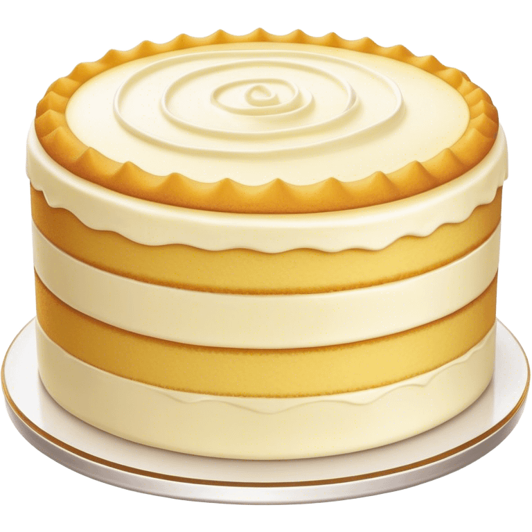 Cinematic Realistic Simple Vanilla Cake, a perfectly baked golden sponge with soft, airy layers, delicate vanilla frosting smoothly spread across the top, tiny flecks of vanilla bean visible, warm golden lighting creating depth, glowing with a sweet, irresistible charm. emoji