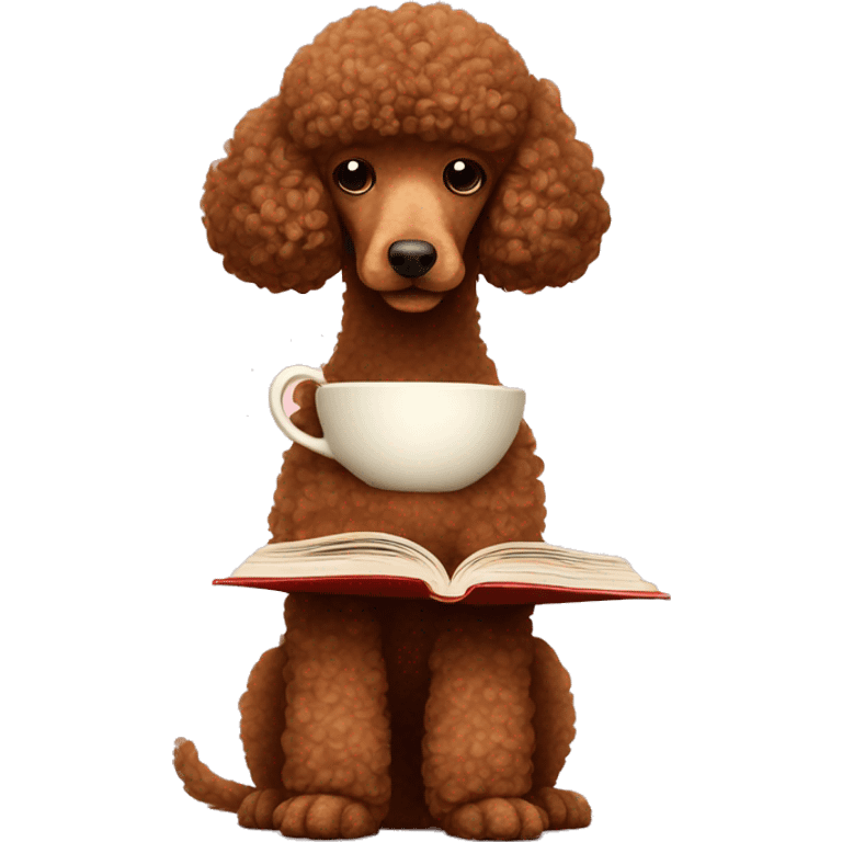 Brown poodle reading a book with a cup of tea emoji