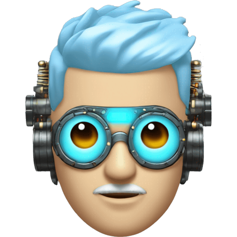  Short light blue haired male cyborg head with light blue beard, red steampunk goggles and circuits emoji