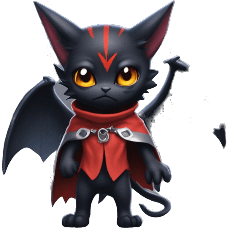 Cute edgy cool beautiful realistic vampiric dark eldritch fantasy Litten-Fakémon-Digimon with bat-wings as ears full body, cloak, choker collar, harness, leg straps emoji