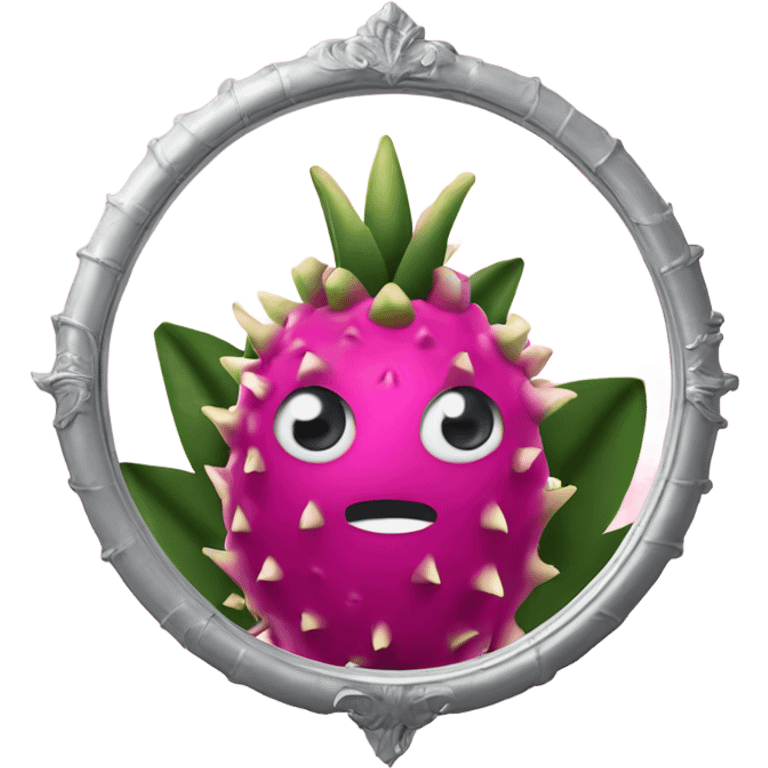 3D elegant Pitahaya with large shiny eyes 👀 one hand holds the mirror with its reflection 🪞 emoji