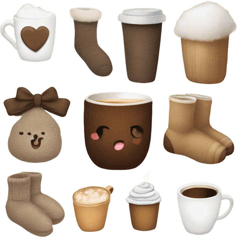 Cozy socks, uggs, coffee, cup of coffees, beige bow, snow  emoji