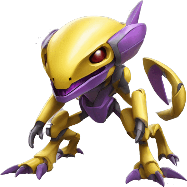 a Genesect-Raptor-Fakémon—hybrid with a futuristic visor-helmet full body emoji