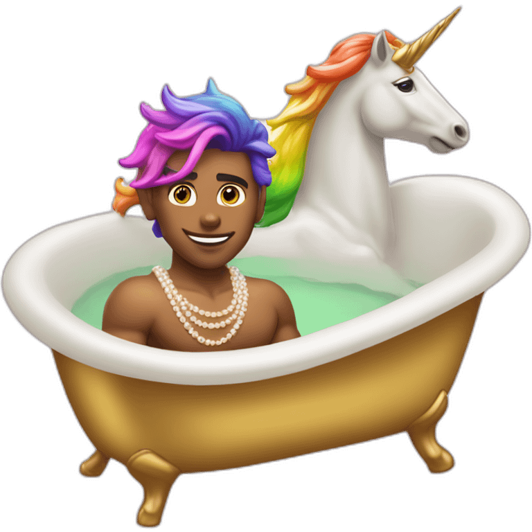 posh-muscle-boy-with-pearl-necklace-and-rainbow-unicorn-hair-in-golden-bathtub emoji