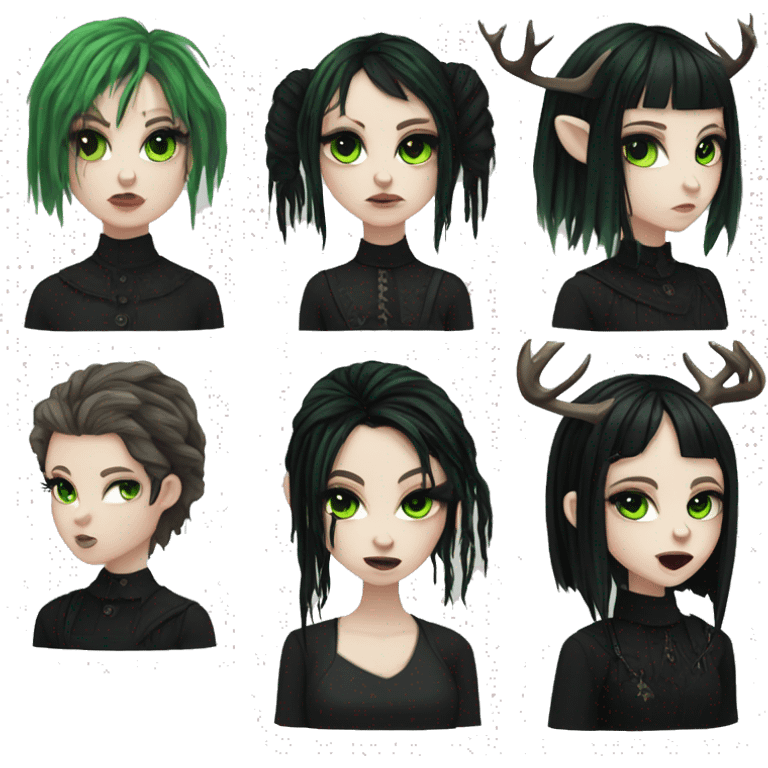 gothic girl, pale skin, green eyes, black dreads, bangs, black clothes, eyeliner, deer antlers  emoji