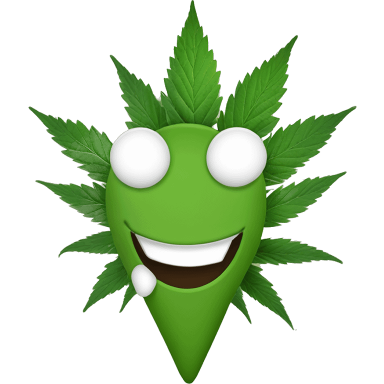 n emoji souriant, yeux mi-clos et détendus, avec une feuille de cannabis stylisée à côté, mais sans fumée ni joint visible. emoji