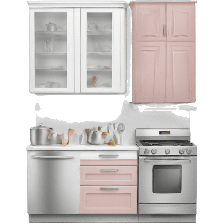 Realistic front facing white and rose silver hanging kitchen cabinets  emoji