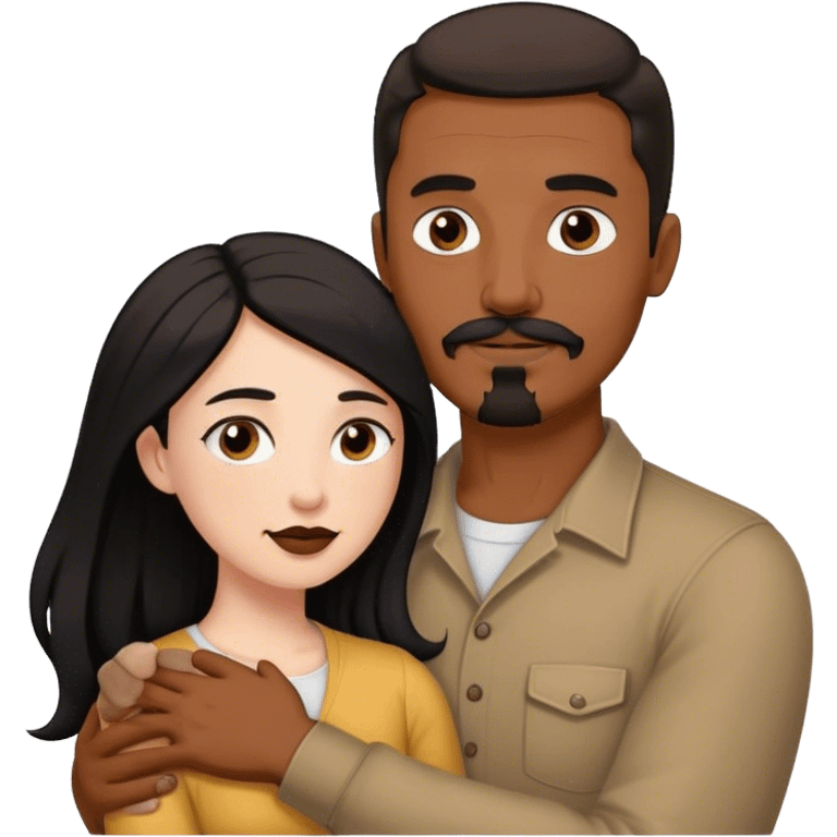 Tall man with brown mustache and goatee hugging a short pale woman with long black hair emoji