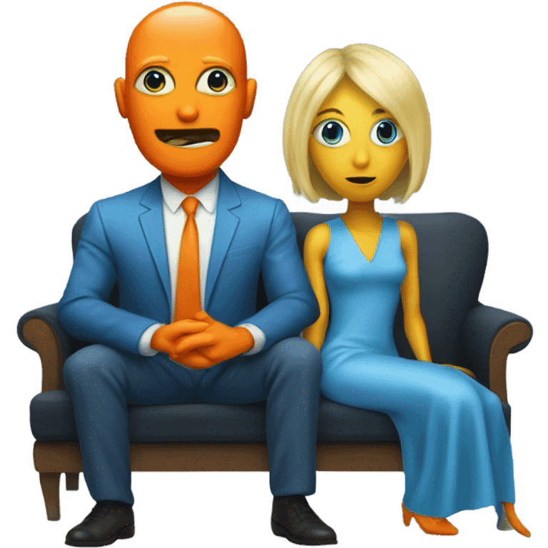 blonde alien reptilian woman in orange dress and humman man in blue, sitting on a couch  emoji