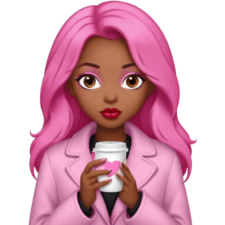 A black woman with a coat pink a pijama pink, long brunet Hair, coffe eyes, red lips  emoji