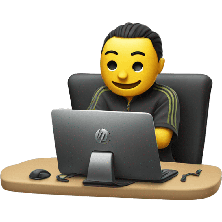 An emoji-style character sitting in a relaxed and fun pose in front of a PC.
The PC should clearly display the HP Victus logo on the front.
 emoji