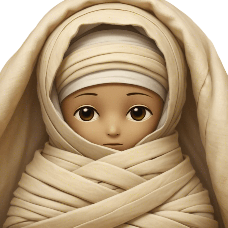 A snug, cozily wrapped mummy, fully encased in soft, slightly loose bandages, even its face gently hidden behind folds with only a tiny glimpse of sleepy eyes, nestled in warm, faded tones with gentle golden accents, simplified yet irresistibly charming, highly detailed with a soft glowing outline capturing the peaceful aura of an ancient being drifting into rest! emoji