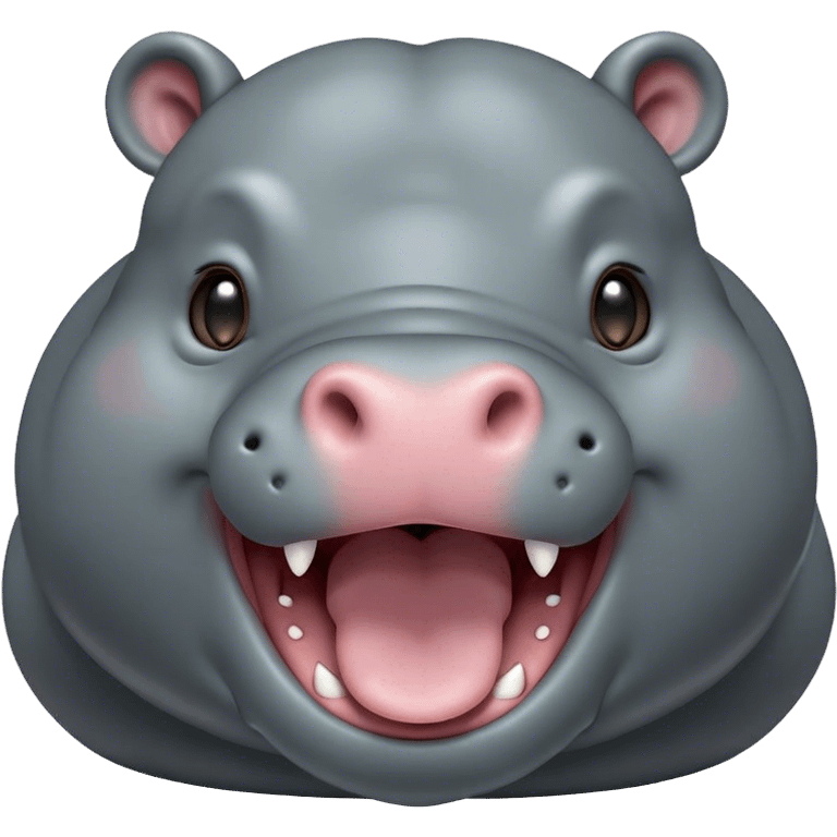 Cinematic Cute Yawning Hippo Portrait Emoji, Head tilted slightly with a dramatic, wide-open yawn, showcasing a soft, smooth slate-gray hide with gently drooping ears, round eyes barely open in drowsy contentment, Simplified yet irresistibly adorable features, highly detailed, glowing with a soft, cozy glow, high shine, relaxed yet expressive, stylized with a touch of aquatic charm, bright and endearing, soft glowing outline, capturing the essence of a sleepy yet affectionate hippo, so drowsy it feels like it could stretch out of the screen and curl up for a nap! emoji