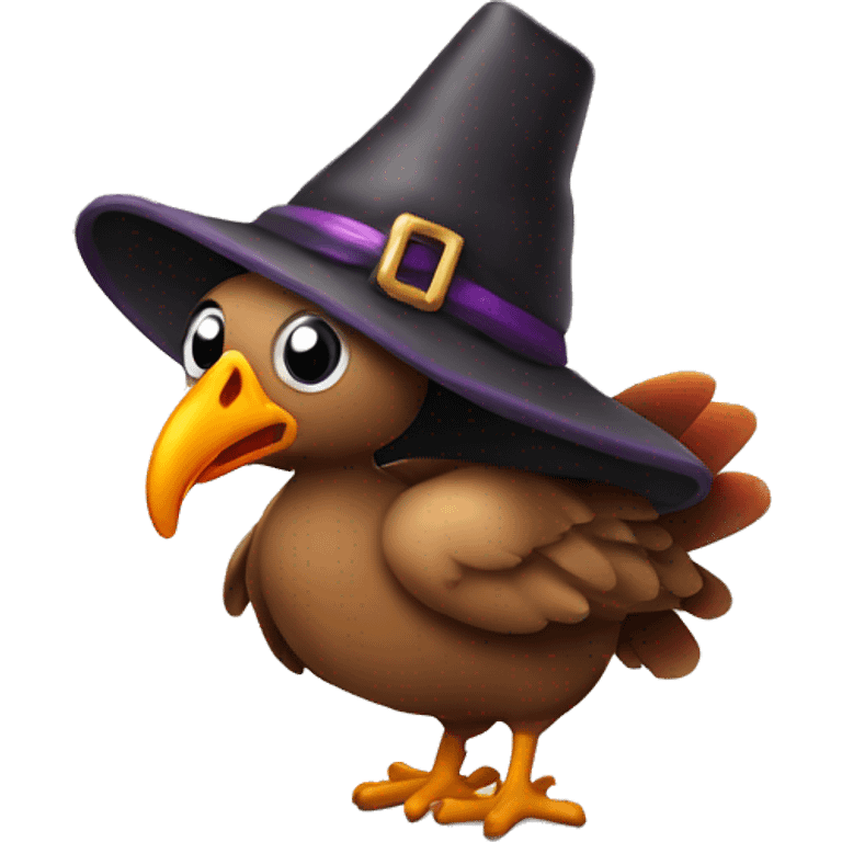 Turkey with witches hat on its head and a wand in its beak emoji