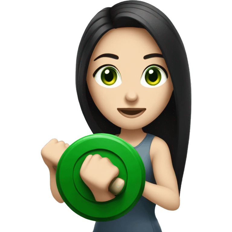 Beautiful pale woman with long black hair and green eyes lifting weights emoji