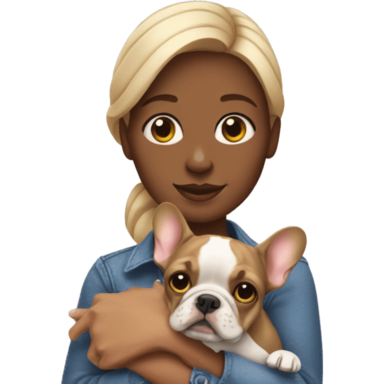 Woman holding fawn French bulldog  emoji