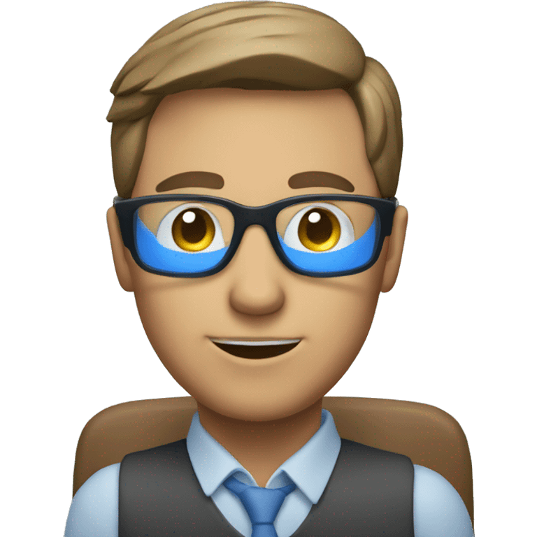 man sitting at desk using blue light blocking glasses emoji