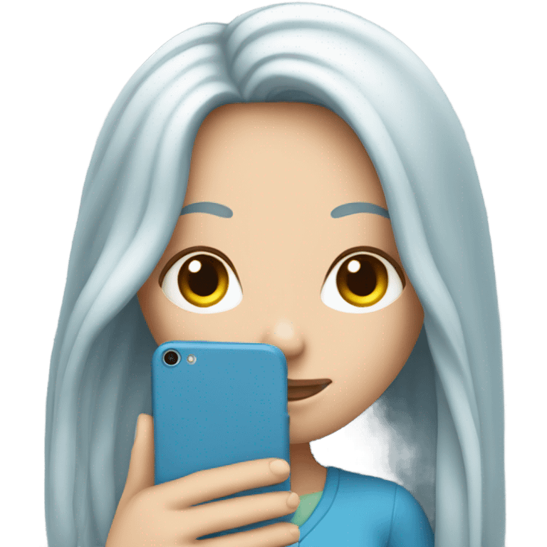 white girl with long blue hair holding a phone in her hands emoji