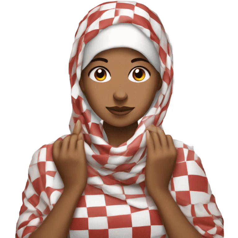 woman fixing red and white checkered kuffiyeh with her hands emoji