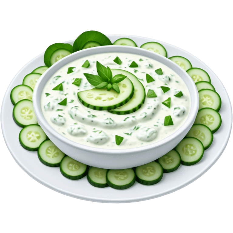 Cinematic Realistic Tzatziki Dish Emoji, featuring a creamy, tangy yogurt sauce with cucumber and herbs rendered with soft textures and cool, refreshing lighting. emoji