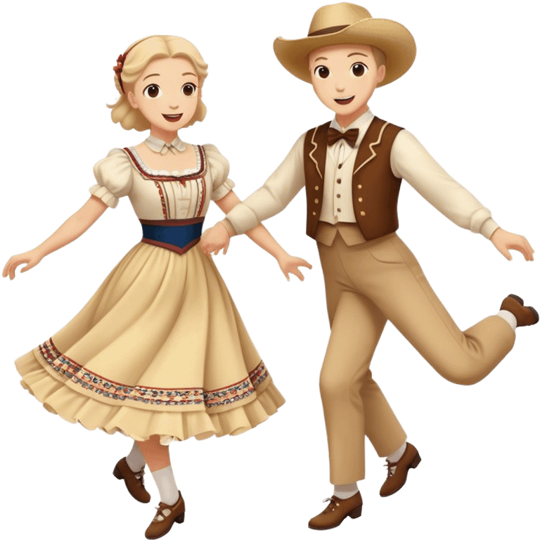 Cinematic Realistic scene of two square dancers in traditional American folk costumes, captured in joyful, coordinated motion with vibrant, rustic lighting that highlights their cultural heritage emoji