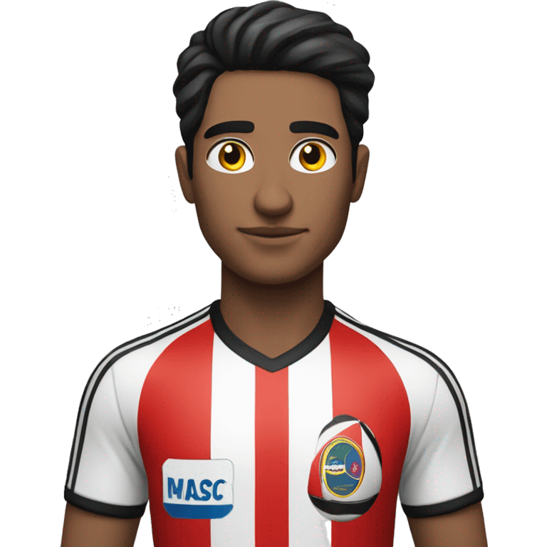 A  man with a shirt with red, black and white stripes (the man has black hair and white skin são Paulo FC of Brazil shirt emoji