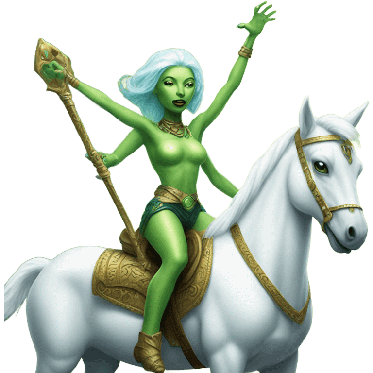 a green amazon alien woman on a four-legged white unicorn emoji