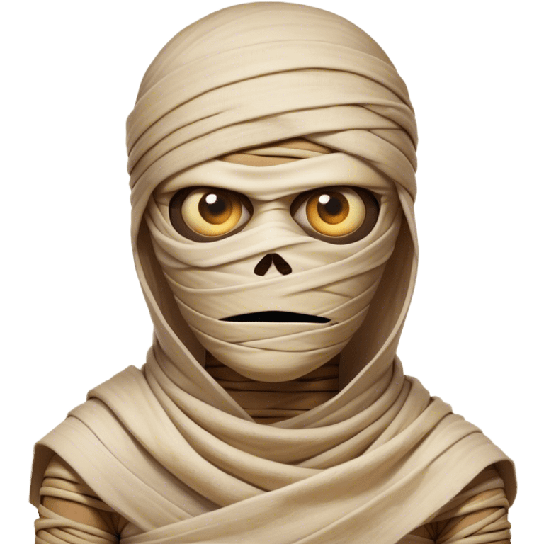 Cinematic Comical Mummy Portrait Emoji, with a humorously disheveled, oversized bandaged form in warm, faded hues, head cocked in a dramatically shocked expression with comically wide eyes peeking through the bandages, simplified yet hilariously expressive, highly detailed with a soft glowing outline that captures the absurd charm of an ancient mummy in playful astonishment! emoji