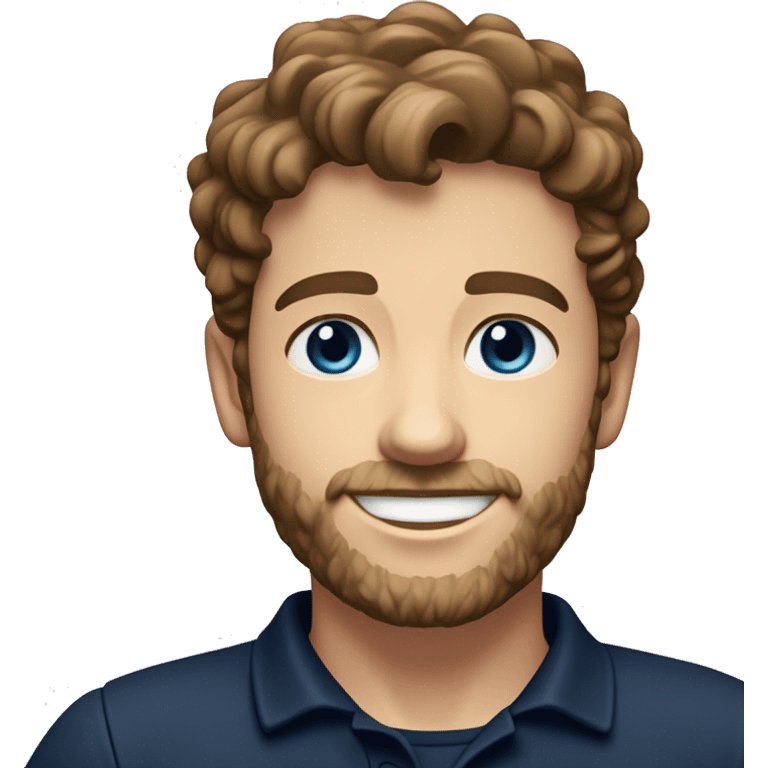 young man with short, curly brown hair and a trimmed beard. He has blue eyes and a fair complexion. He is smiling softly and is wearing a dark navy blue polo shirt with white buttons. emoji