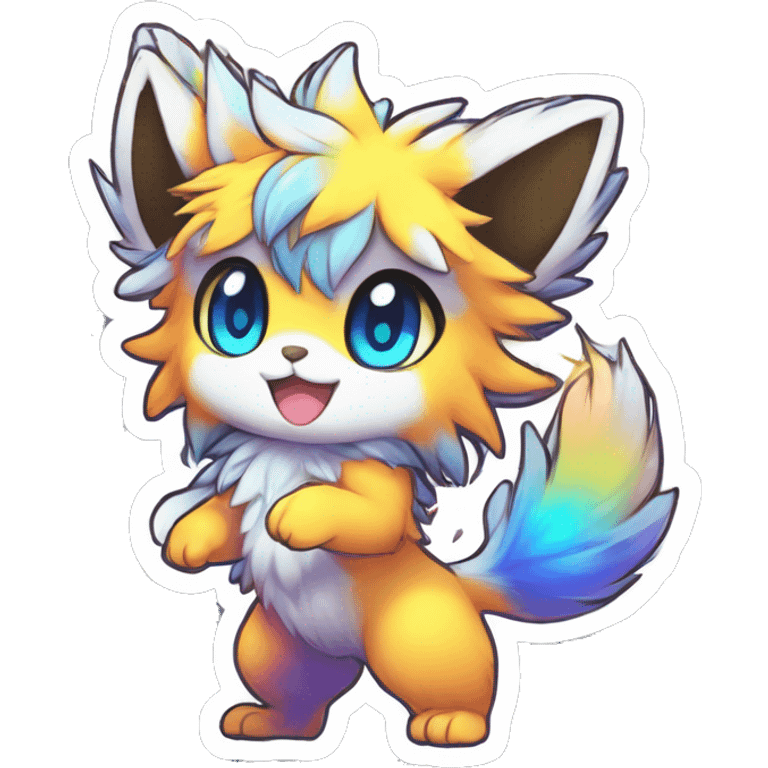 Anthro Fluffy Cool Cute Magical Elemental Shiny Colorful Neon Vibrant Colors Sparkle Kemono-style Chibi Fantasy-Animal-Fakémon-Pokémon-Hybrid Fur Sona Aesthetic Full Body Sticker emoji