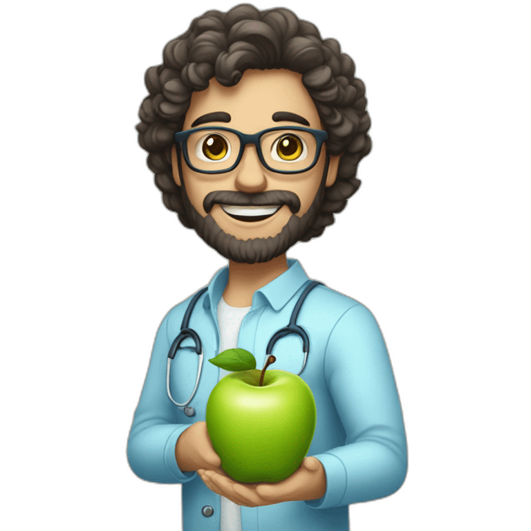 A male nutritionist with a full beard and dark, curly hair and white skin, wearing glasses, holding an apple in his hand. Who has a light blue shirt on. emoji