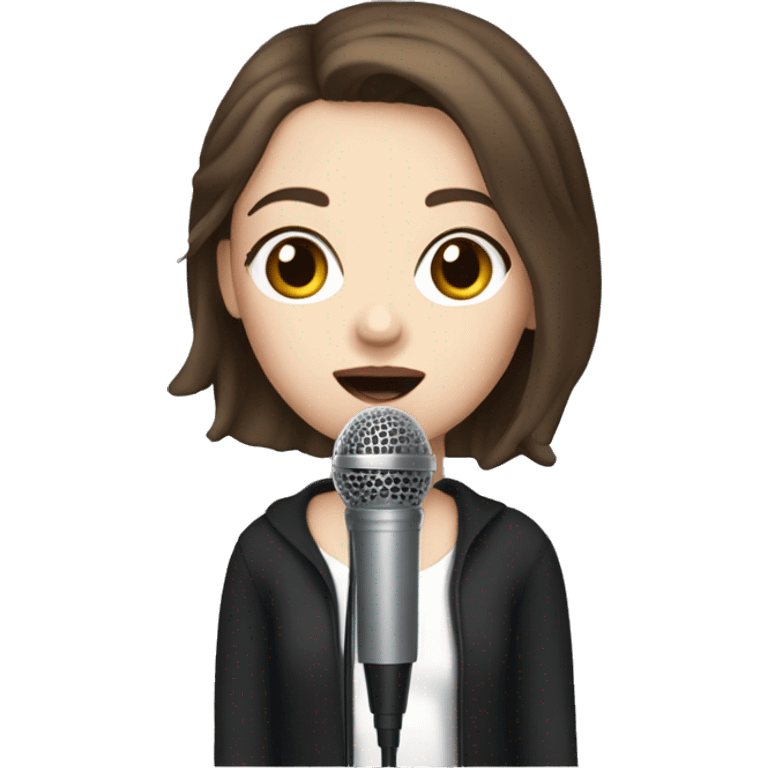 a girl with brown hair, hazel eyes, pale skin, dark lips, singing into a microphone emoji