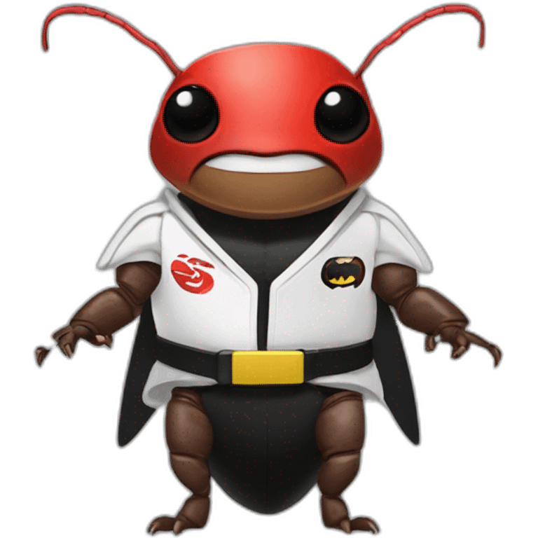 cockroach with jiu-jitsu outfit, black belt, batman logo on chest and red eyes looking forward emoji