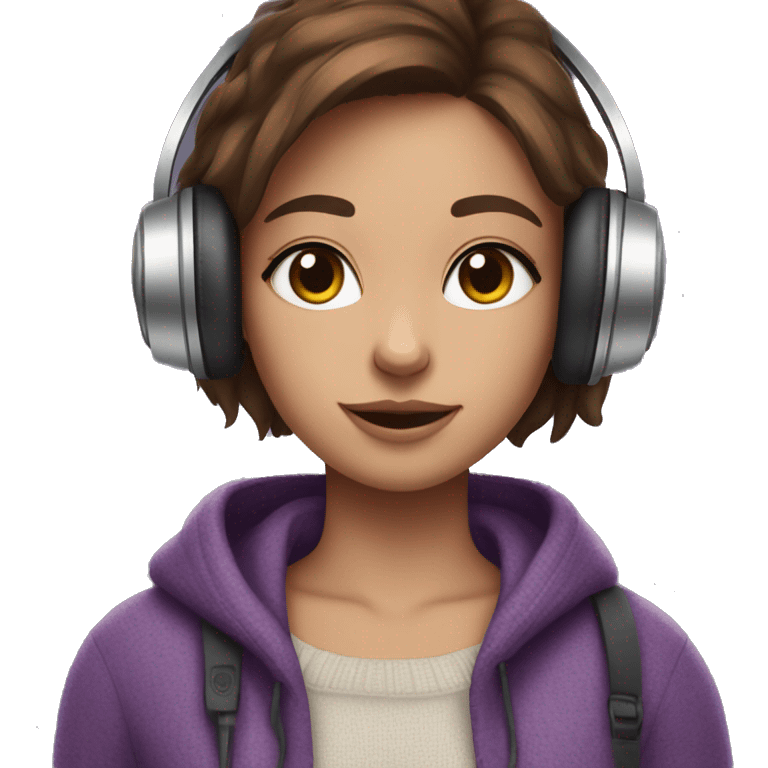 Brown haired girl, fair skin, purple sweater, headphones, long lashes and cat in arms emoji