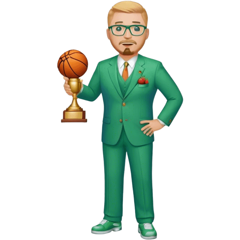 Full Body white fat male  wearing glasses with a goatee with strawberry blond very short hair basketball head Coach in blue and green suit holding trophy emoji