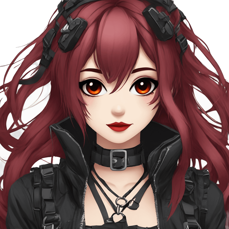 Gorgeous gothic techwear anime style lady with blushing face aesthetic and pretty edgy black red punk messy hair with collar and harness trending style emoji