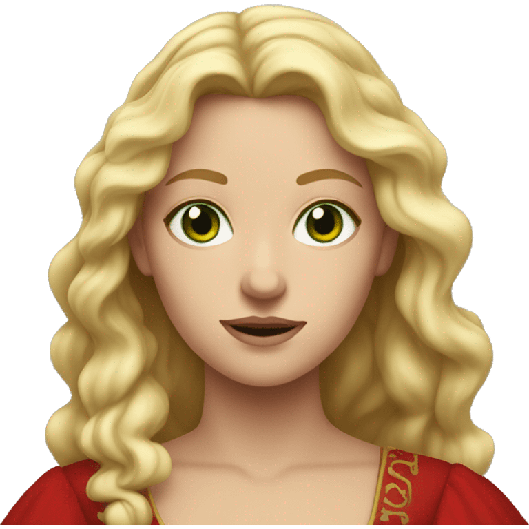 woman with wavy blonde hair, green eyes and red medieval dress  emoji