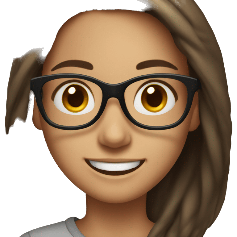 girl with black glasses, brown hair, brown eyes, brown spots on face and wide smile emoji