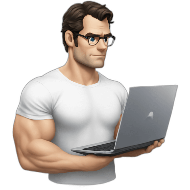 front view of henry cavill clark kent wearing white t-shirt using a laptop emoji