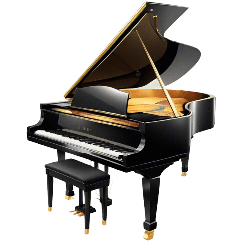 Cinematic Realistic Piano, glossy black grand piano with elegantly curved edges, pristine white and black keys, soft golden light reflecting off its polished surface, faint reflections of a musician’s hands, glowing with refined elegance and musical depth. emoji