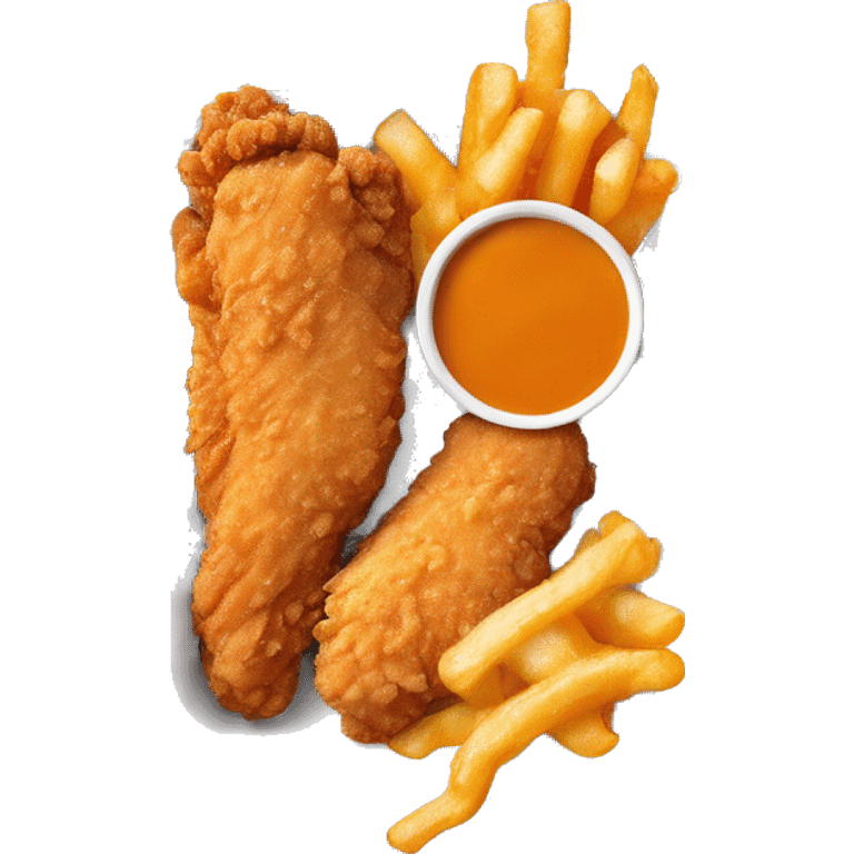 3 chicken tenders with crinkle fries and orange sauce on the side in a styrofoam container styrofoam container emoji