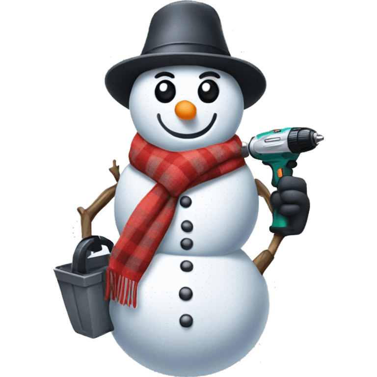 snowman with hat and scarf holding a drill in his right hand emoji