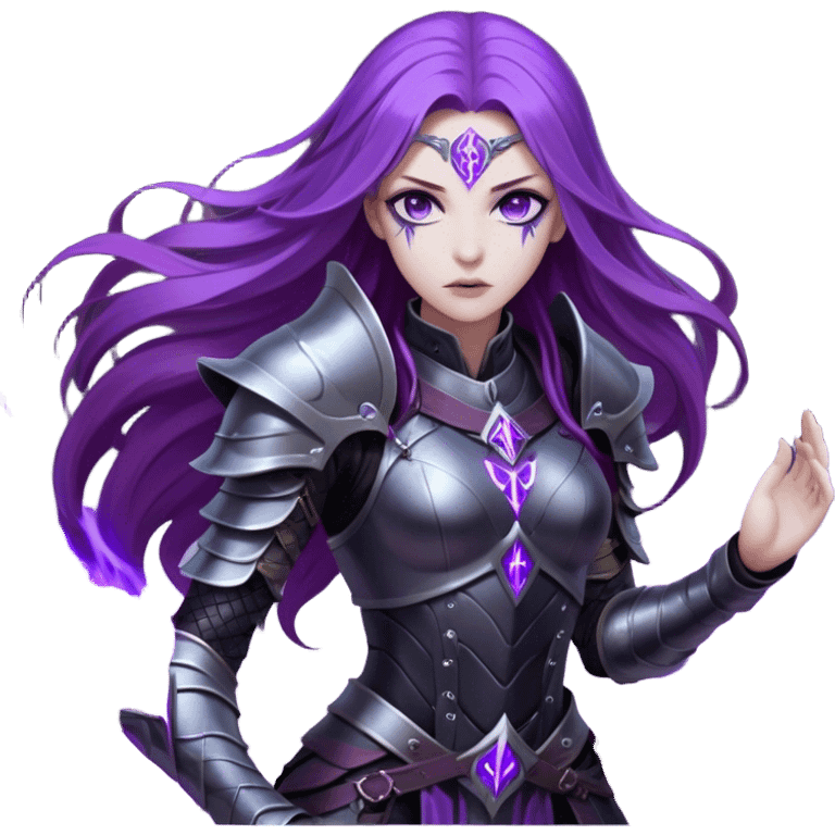 A mysterious warrior girl with long, flowing purple hair catching the dim light. Her glowing violet eyes stare forward, unwavering. She wears sleek black armor, adorned with silver runes that pulse faintly with hidden power. A dark mist swirls at her feet, hinting at the energy she commands. emoji