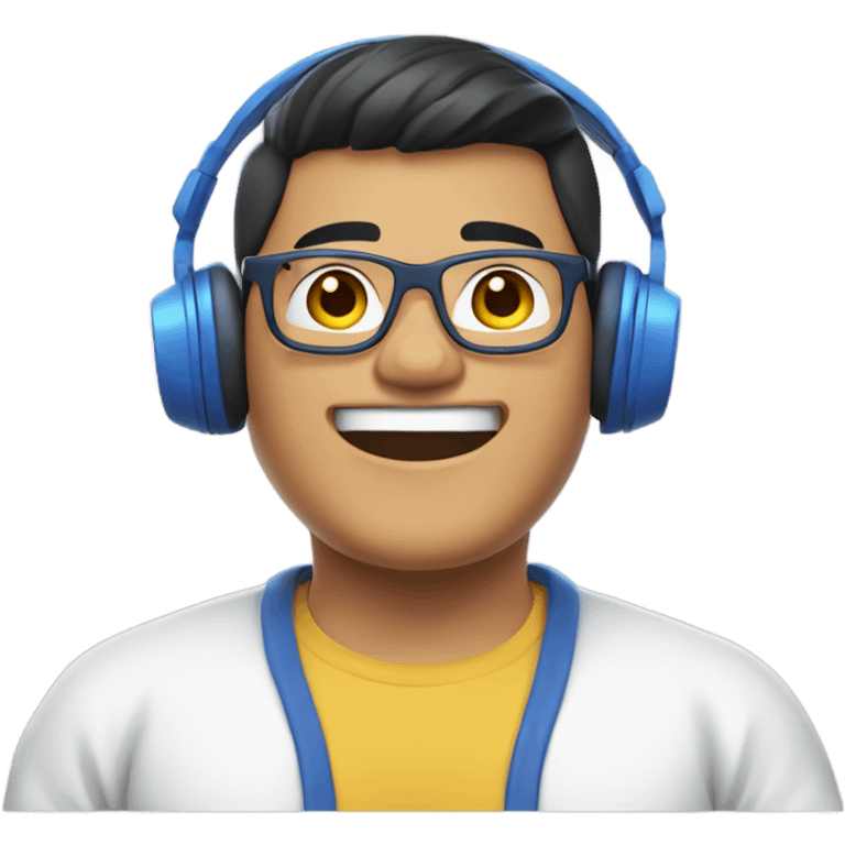 A slightly chubby Filipino gamer guy wearing blue headphones, glasses, and a white t-shirt with a white background where he is waving hello. emoji