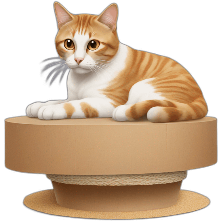 staring cat sat on oval cardboard scratcher emoji