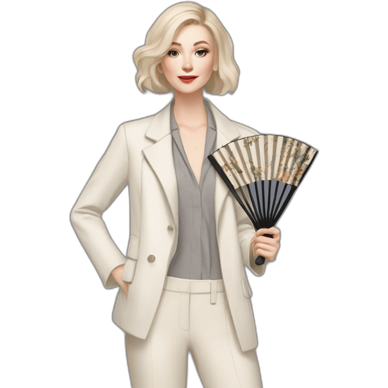 pale skin woman with ash blonde Straightened bob Hair, White Spacious classical jacket, beige palazzo Arrow pants and gray blouse holding a fan from color palettes in the hands emoji